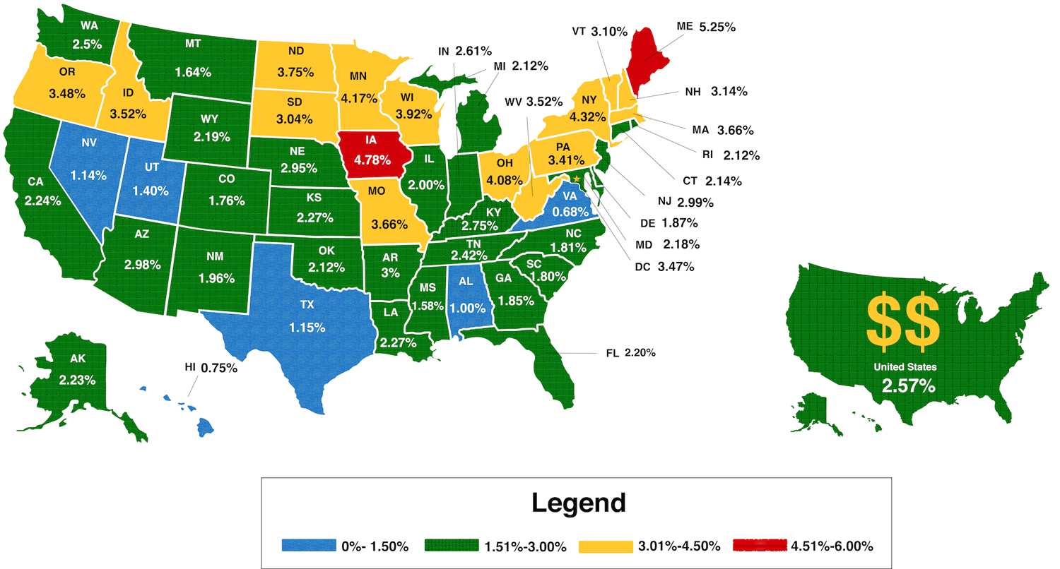 A colored map of the United States illustrating Total IDD Spending for Services as a percentage of Total State Spending. States ranging from 0% to 1.5% are blue, states ranging from 1.51% to 3% are are green, states ranging from 3.01% to 4.5% are yellow, and states ranging from 4.51% to 6% are red.