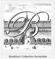 The Braddock Collection Bookplate. A cursive capital b in front of the New Bethlehem Hospital in black and white.