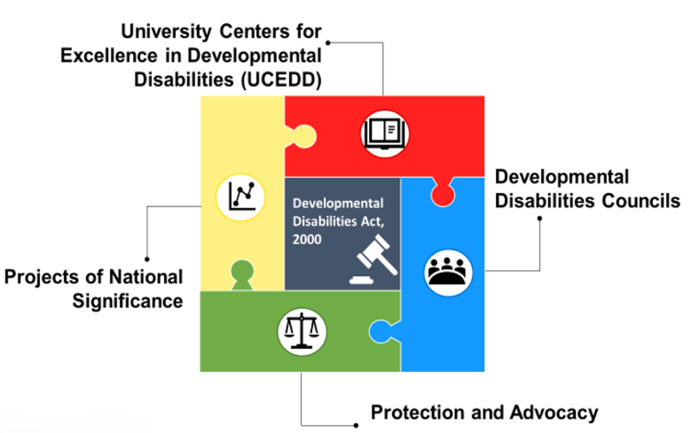 A four piece puzzle that represents the new programs created by the DD Act of 2000. Each piece is represented by one of the following: University Centers of Excellence in Developmental Disabilities, Developmental Disabilities Councilsm Pretection and Advocay, and the Projects of National Significance. 