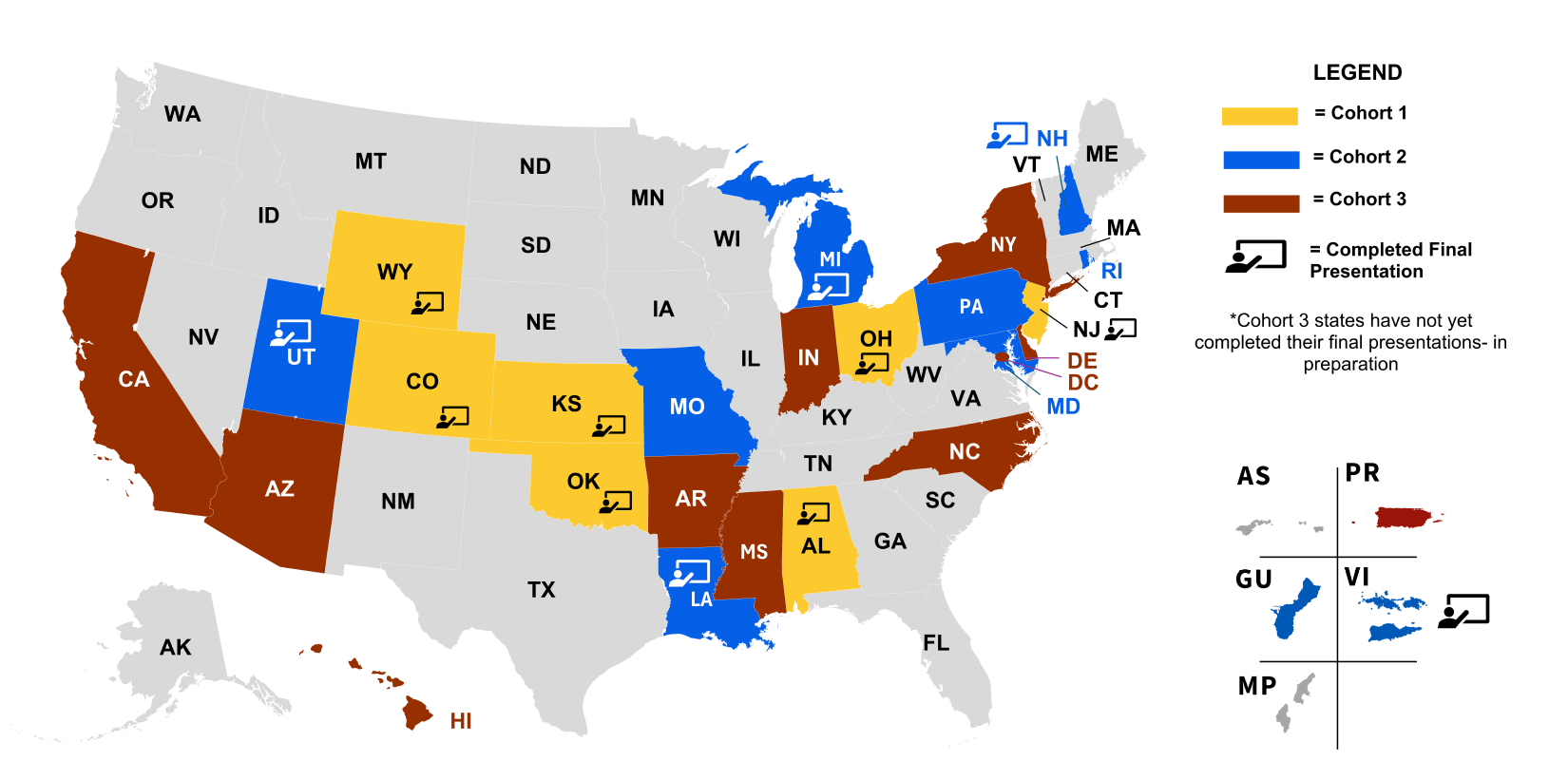 Map of the United States indicating which states have Data Ambassador representation and have completed final presentations..