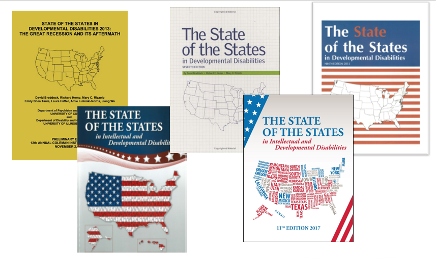 Five different covers of the State of the States monographs over the years. All covers feature a map of the United States, and some have flag symbology. 