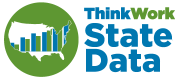 The Think Work State Data logo. A white map of the U.S. with a bar graph inside the map.